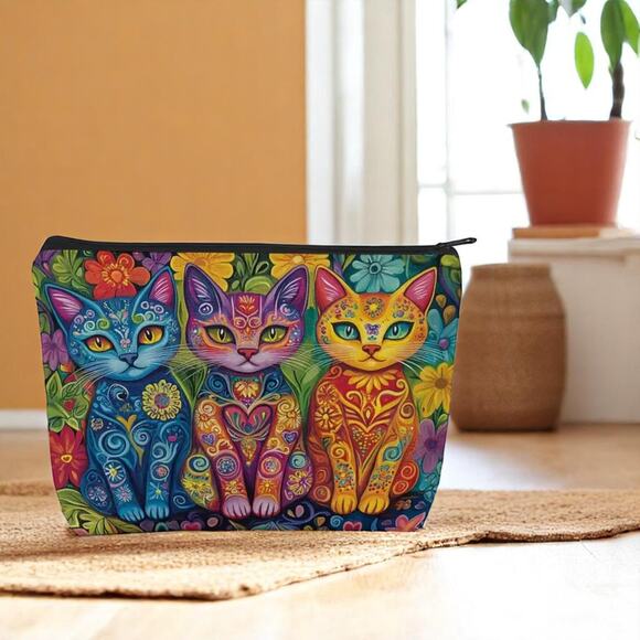 Cat Trio Psychedelic Makeup Bag Colorful Art Cosmetic Travel Pouch Case NWT - Picture 2 of 11